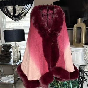 Elegant Burgundy and Pink Fur Trim Cape